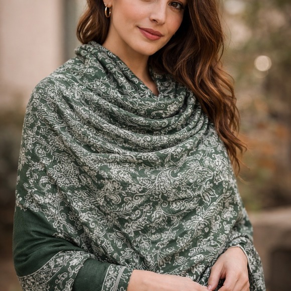 Asmara Accessories - Asmara Green White Floral Paisley Pashmina Shawl Wrap Scarf Women Boho Elegant